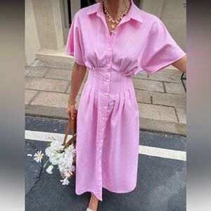 NEW Elegant Pink Striped Midi Dress